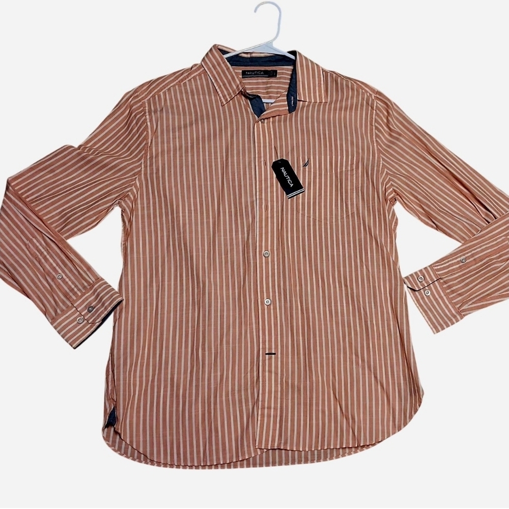 Nautica Men’s Salmon and White Striped Button-Down Shirt